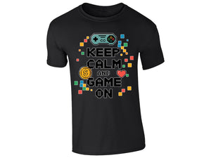 Black kids' T-shirt with “Keep calm and game on” pixel controller design