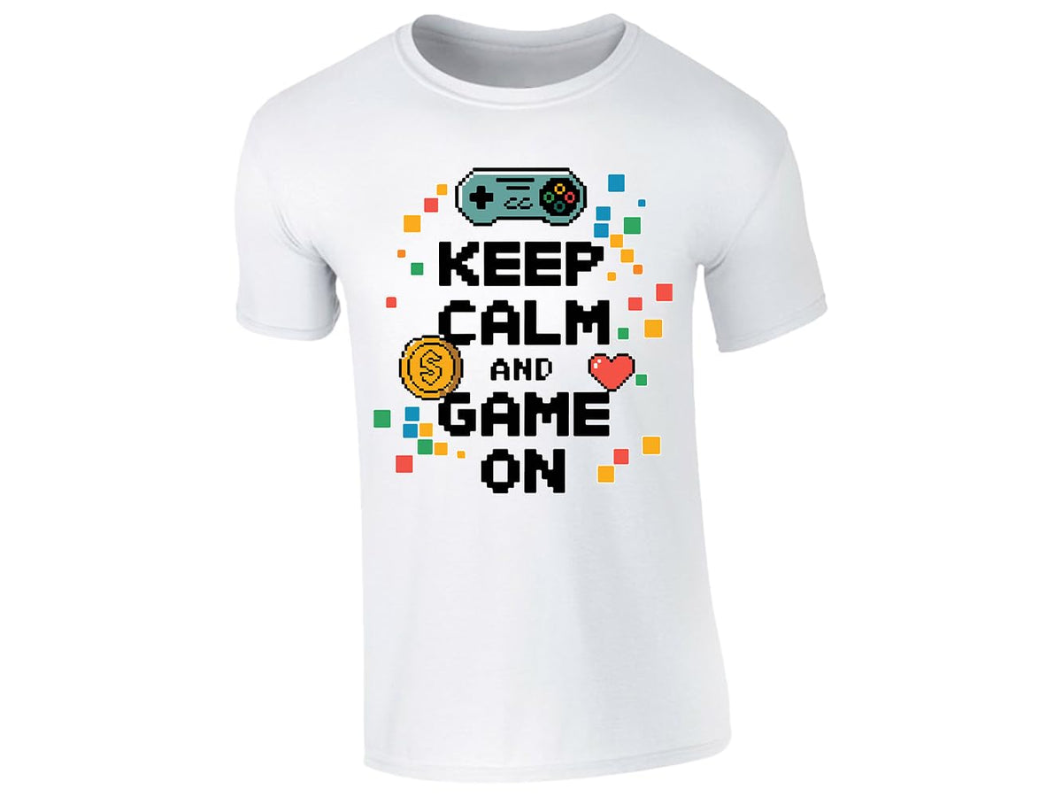 White kids' T-shirt with “Keep calm and game on” pixel controller design