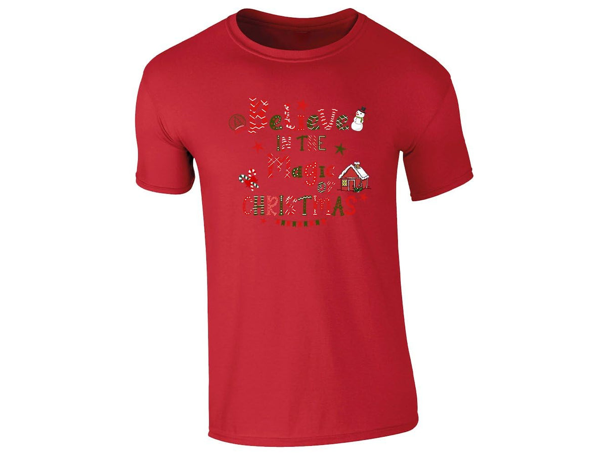 Red kids T-shirt with the Believe in the Magic of Christmas snowman design