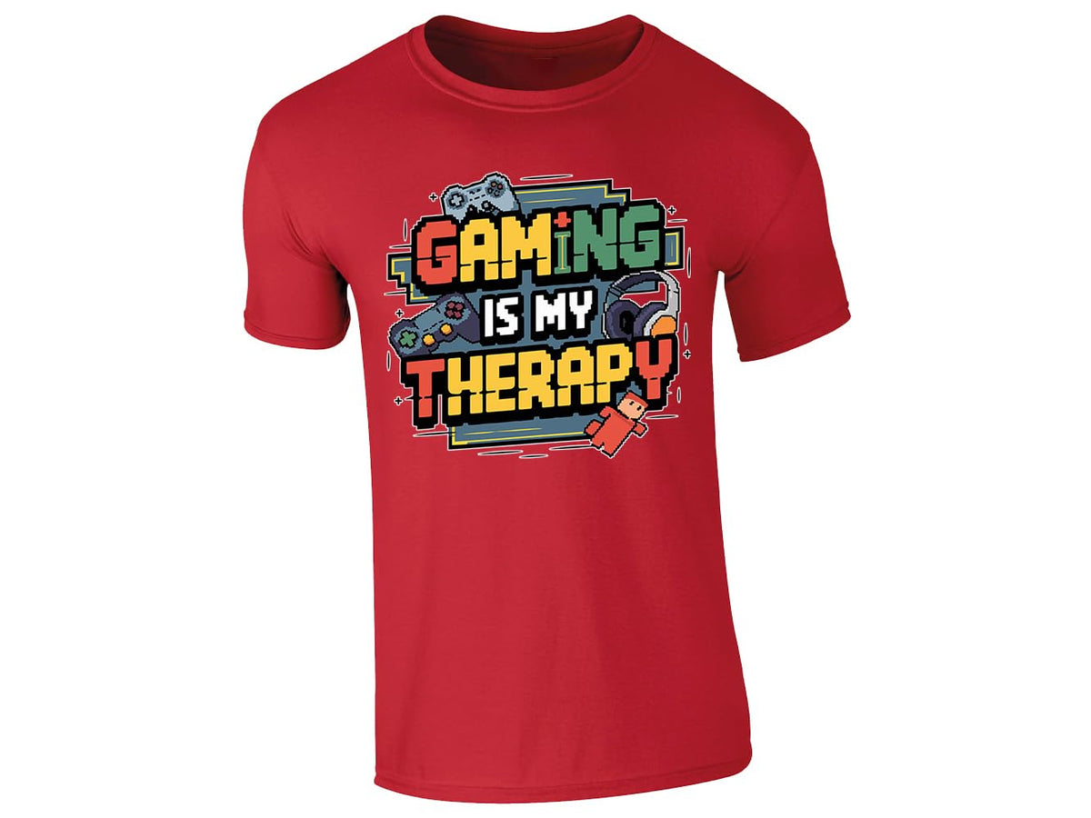 Red kids' T-shirt with “Gaming is my therapy” design