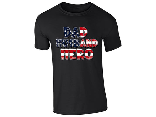 Black men's T-shirt with “Dad Husband Hero” stars and stripes design
