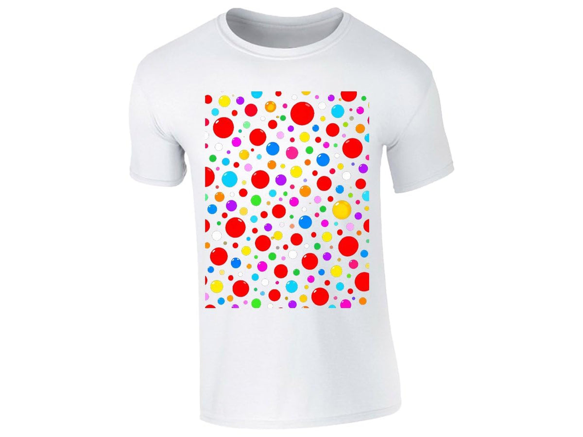 White kids T-shirt with a block of rainbow polka dots
