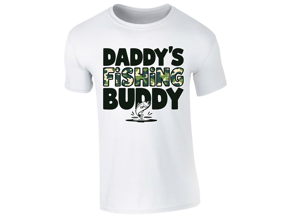 White men's T-shirt with “Daddy’s fishing buddy” camo design