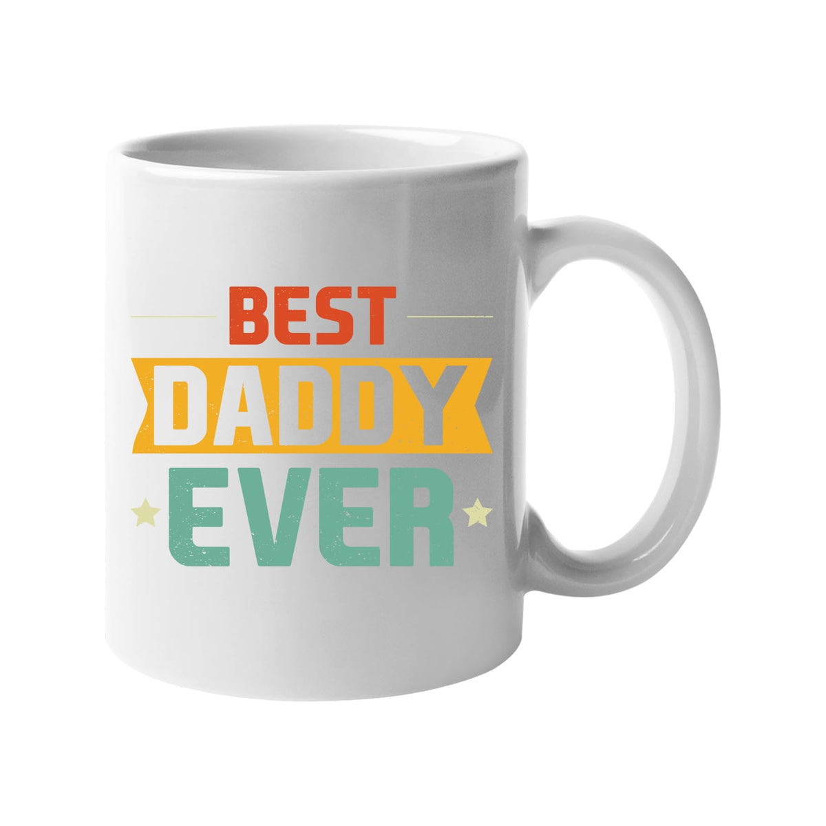 White mug with “Best Daddy Ever” in retro red, gold and teal lettering