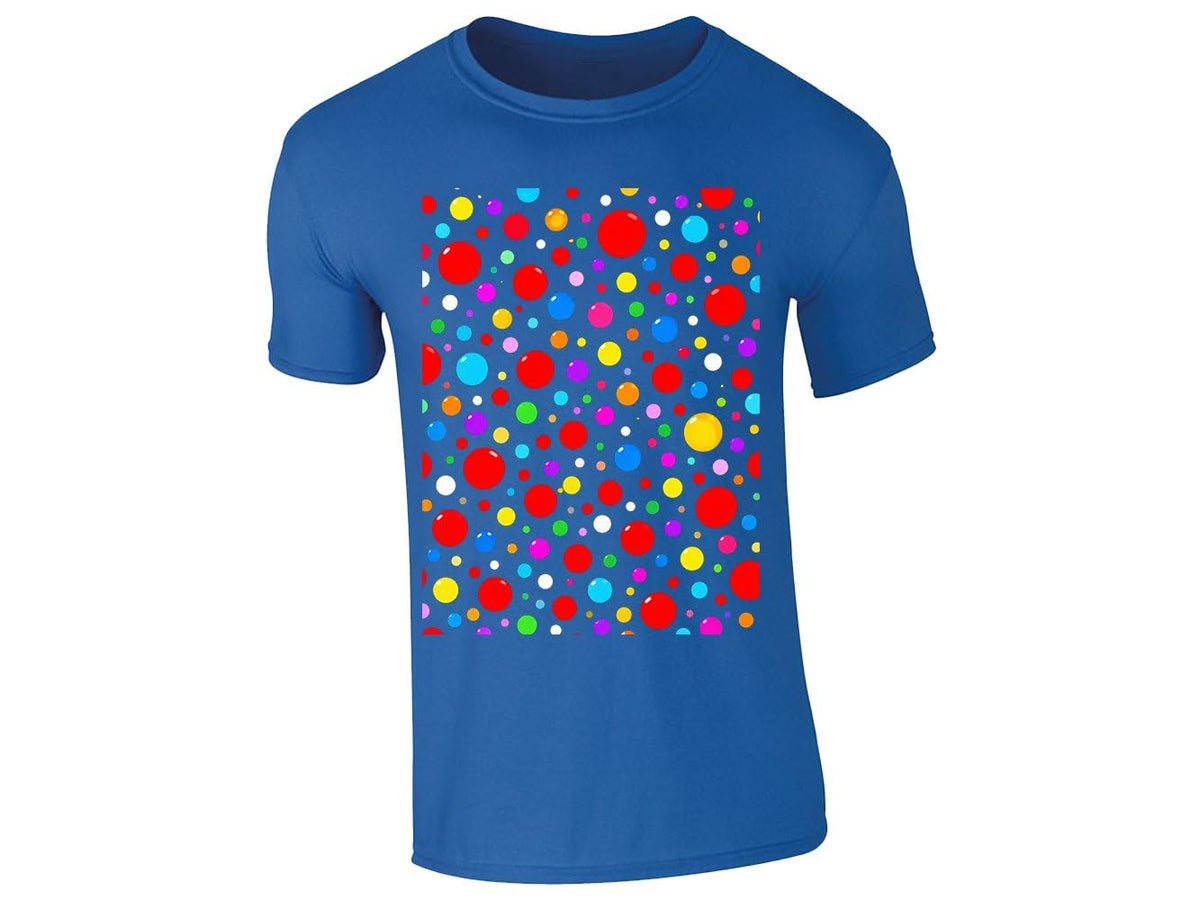 Royal blue men's T-shirt with a block of rainbow polka dots