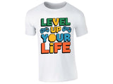 White men's T-shirt with “Level up your life” controller design
