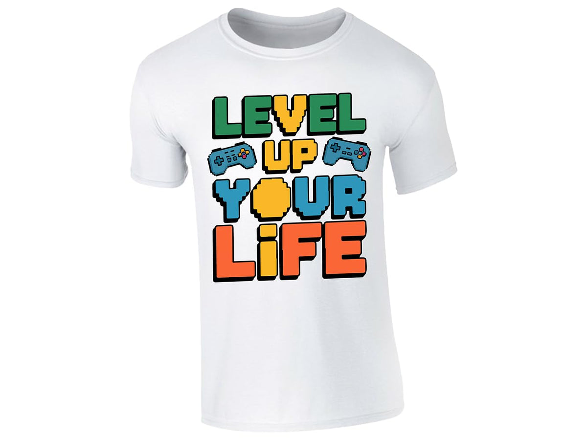 White kids' T-shirt with “Level up your life” controller design