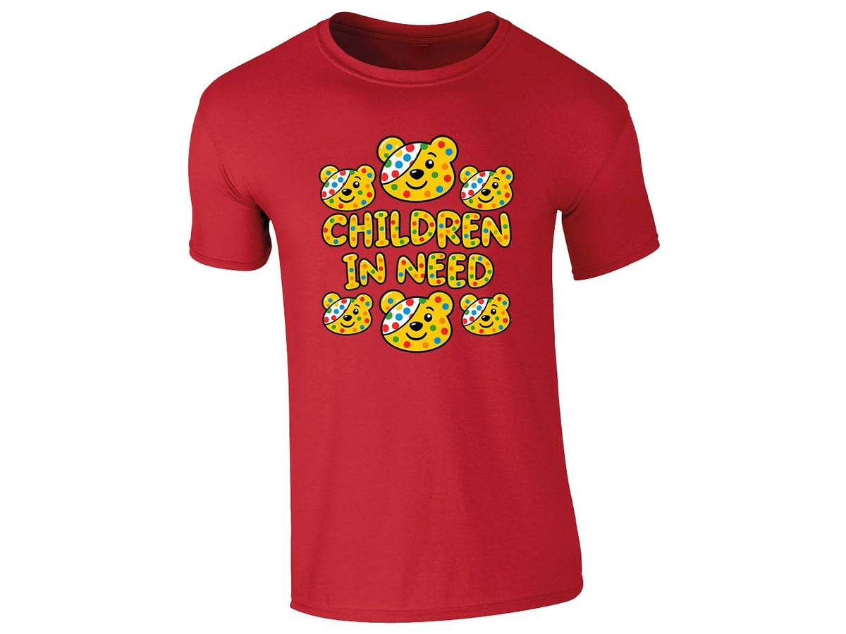 Red kids' T-shirt with spotty bear faces and “Children in Need” lettering design