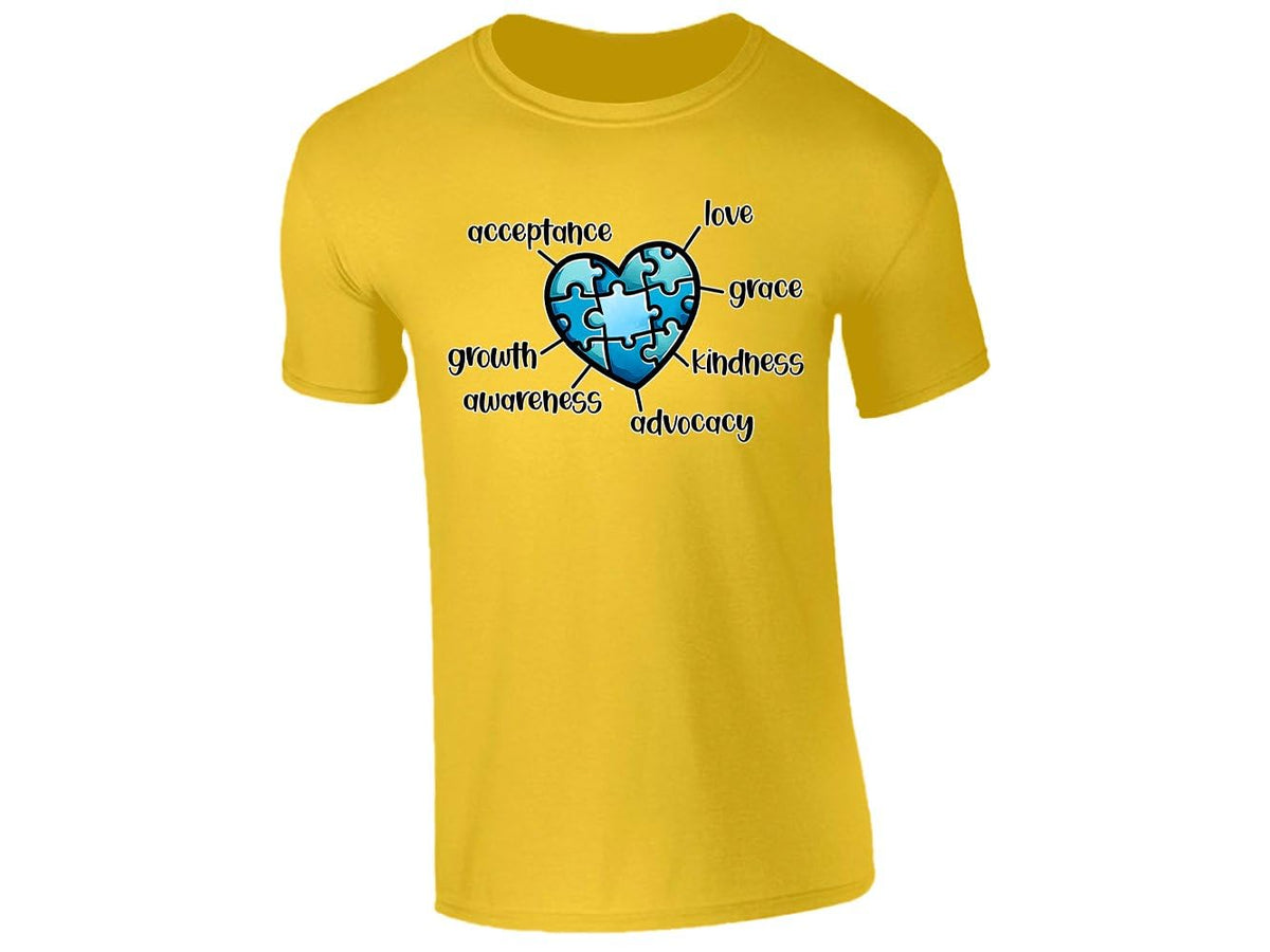 Yellow kids' T-shirt with autism awareness puzzle heart design
