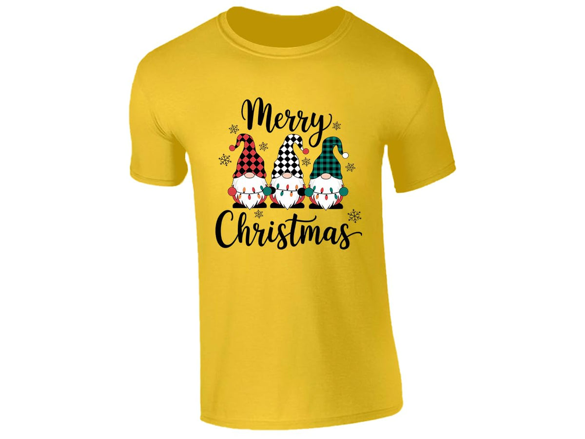 Yellow kids' T-shirt with “Merry Christmas” three gnomes in plaid hats design