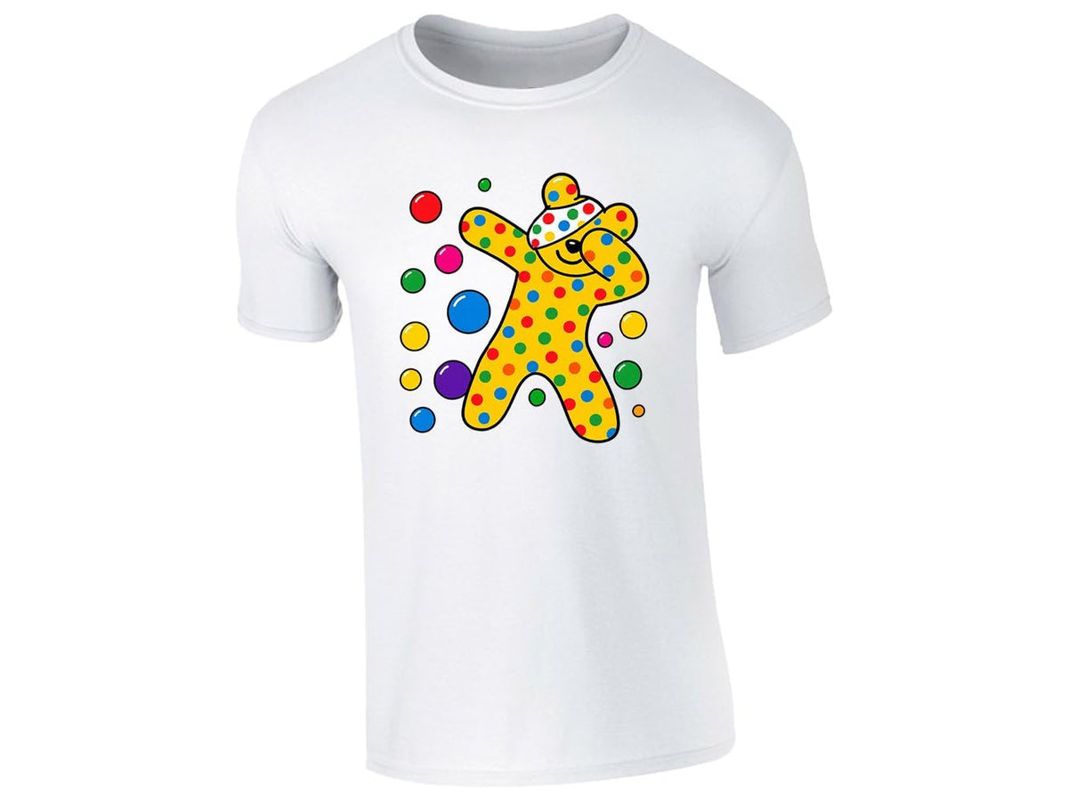 White kids' T-shirt with dabbing spotty bear with coloured dots design