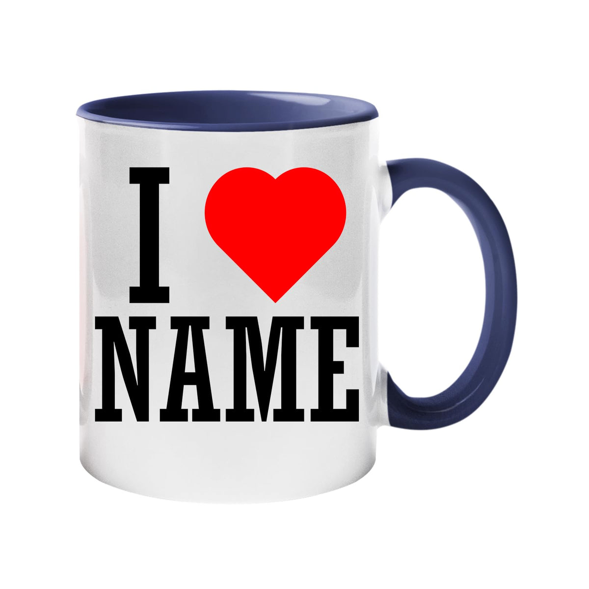 I love name mug with a dark blue handle and inside