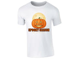 White kids' T-shirt with “Spooky Season – Est. October 31” pumpkin and moon design