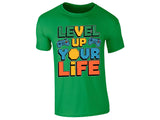 Irish Green men's T-shirt with “Level up your life” controller design