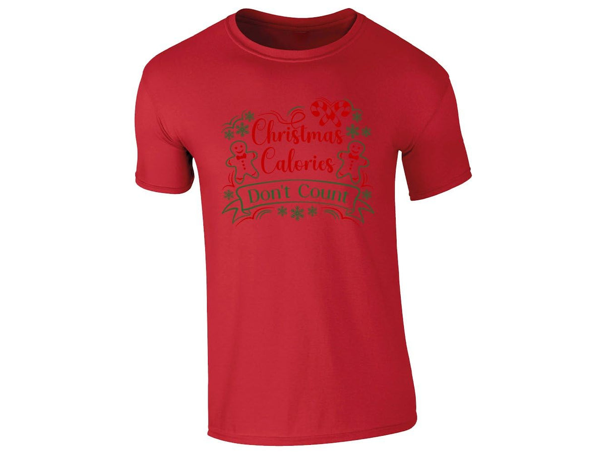 Red kids T-shirt with Christmas Calories Don't Count, gingerbread men and candy canes