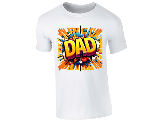 White men's T-shirt with “DAD” in bold yellow letters with a rainbow comic burst