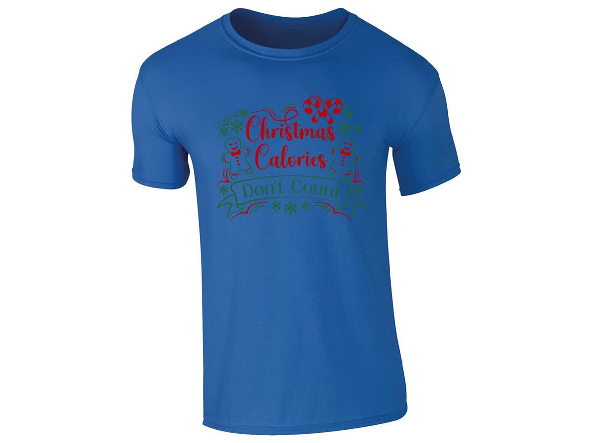 Royal blue kids T-shirt with Christmas Calories Don't Count, gingerbread men and candy canes