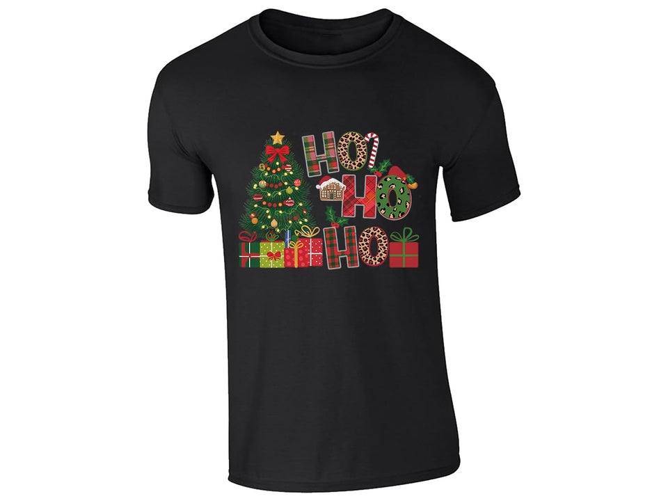 Black kids' T-shirt with “Ho Ho Ho” Christmas tree and presents design