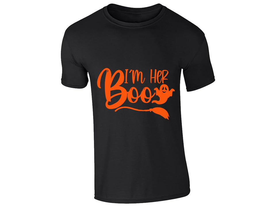 Black men's T-shirt with “I’m her Boo” orange script design