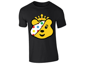 Black kids' T-shirt with crowned spotty bear face design