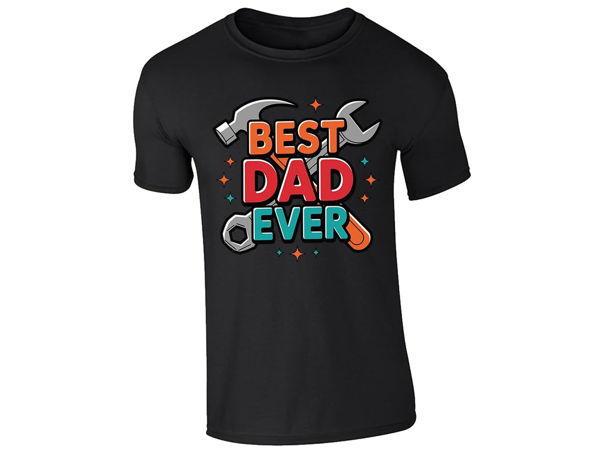 Black men's T-shirt with “Best Dad Ever” hammer and spanner design