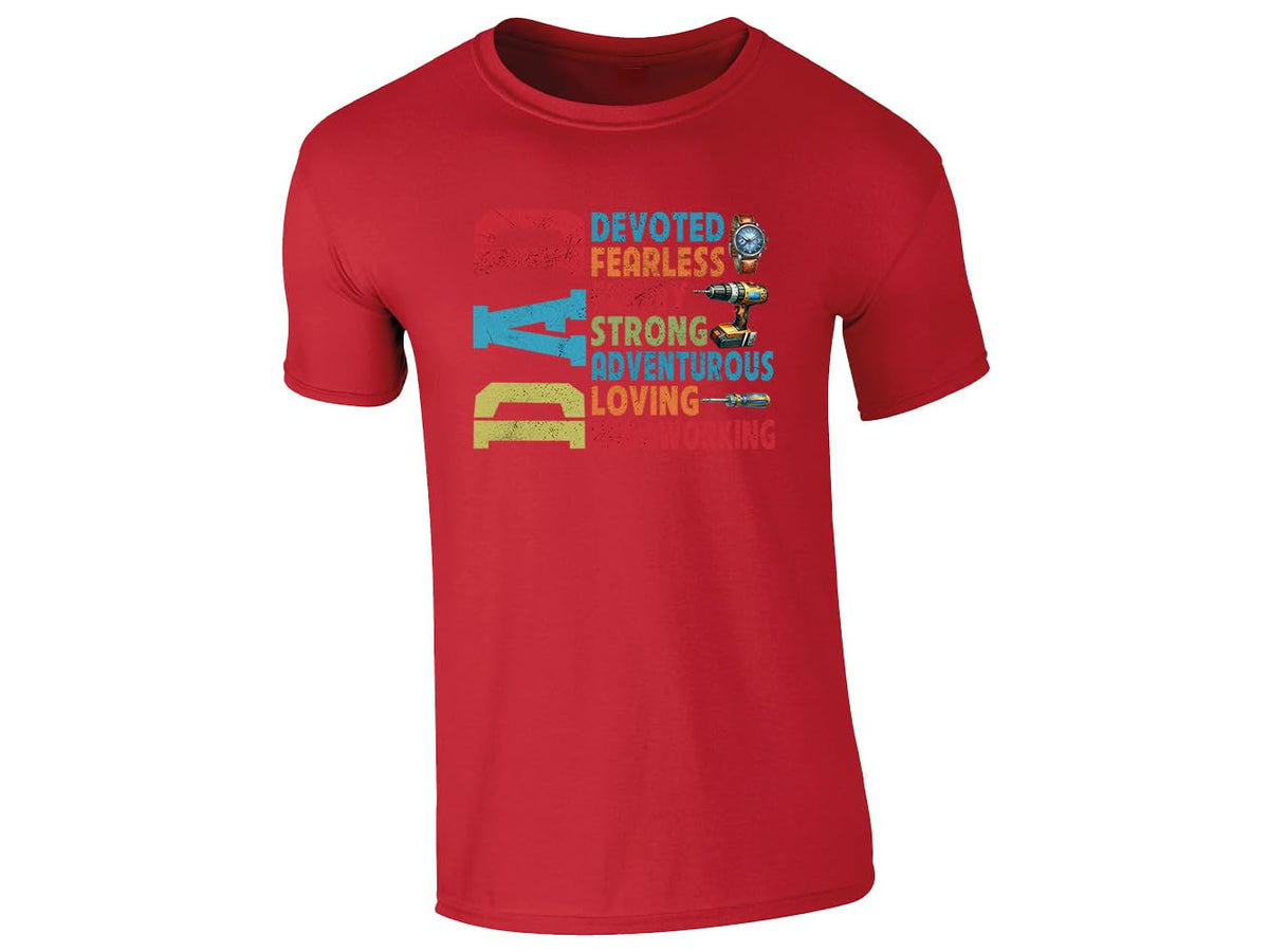 Red men's T-shirt with “DAD – devoted, fearless, funny, strong” design