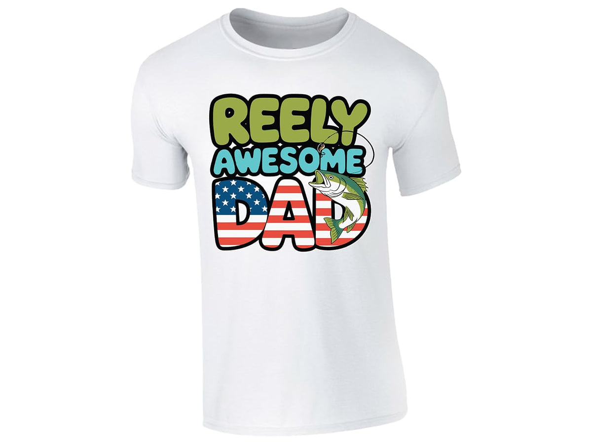 White men's T-shirt with “Reely Awesome Dad” stars and stripes fish design