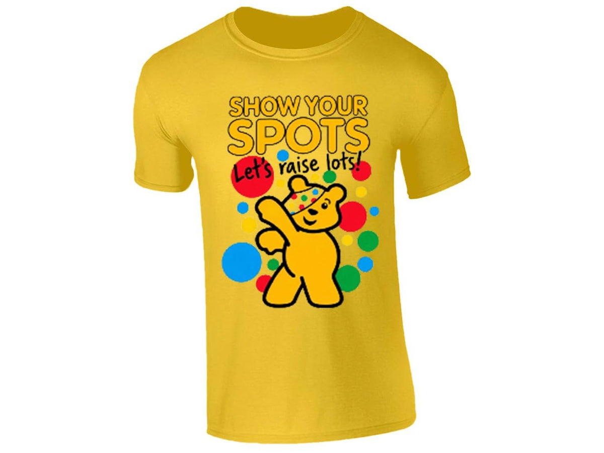 Yellow kids T-shirt with a dabbing yellow bear and Show Your Spots, Let's Raise Lots