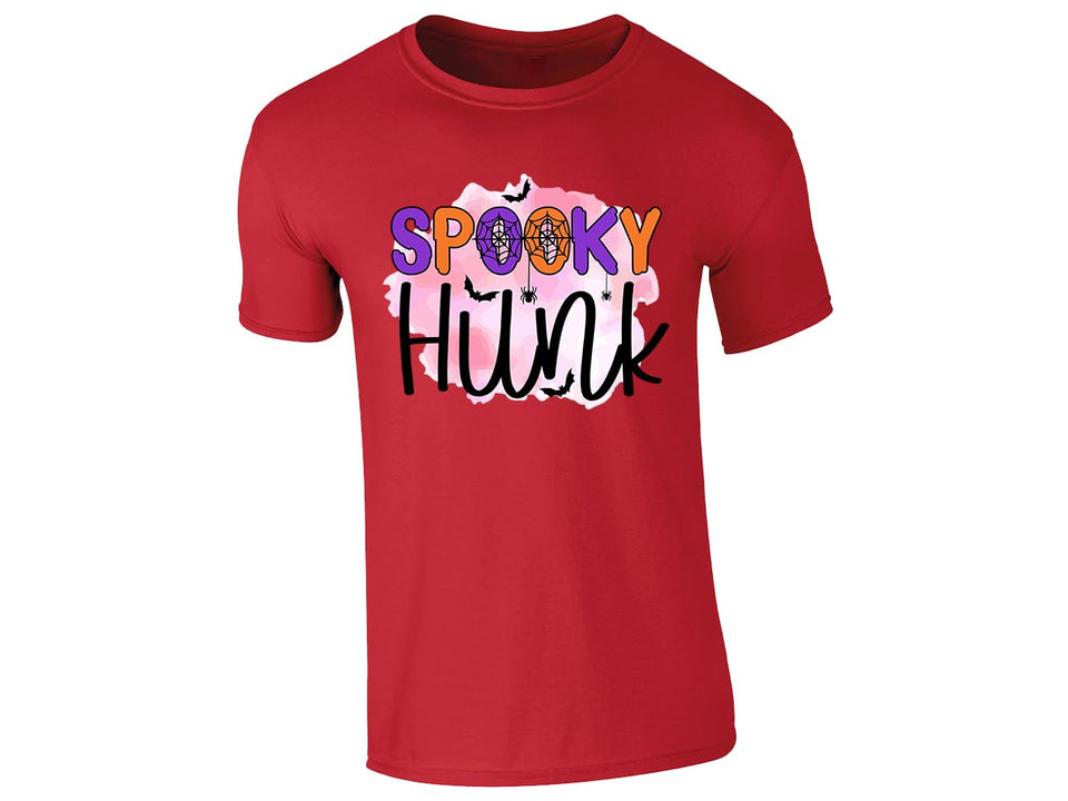Red men's T-shirt with “Spooky Hunk” Halloween design