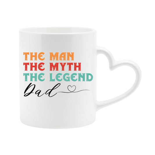 White heart-handle mug with “The man, the myth, the legend” in retro colours signed “Dad” with a heart