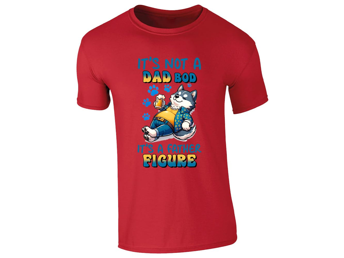 Red men's T-shirt with “It’s not a dad bod, it’s a father figure” husky design