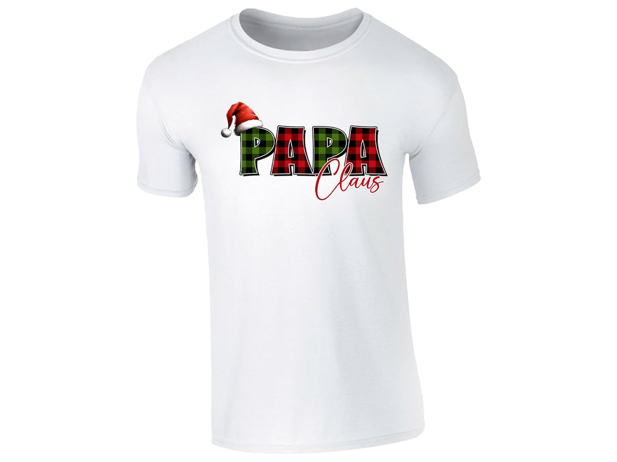 White men's T-shirt with “Papa Claus” plaid Santa hat design