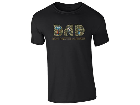 Black men's T-shirt with “DAD – Man, Myth, Legend” camo tools design
