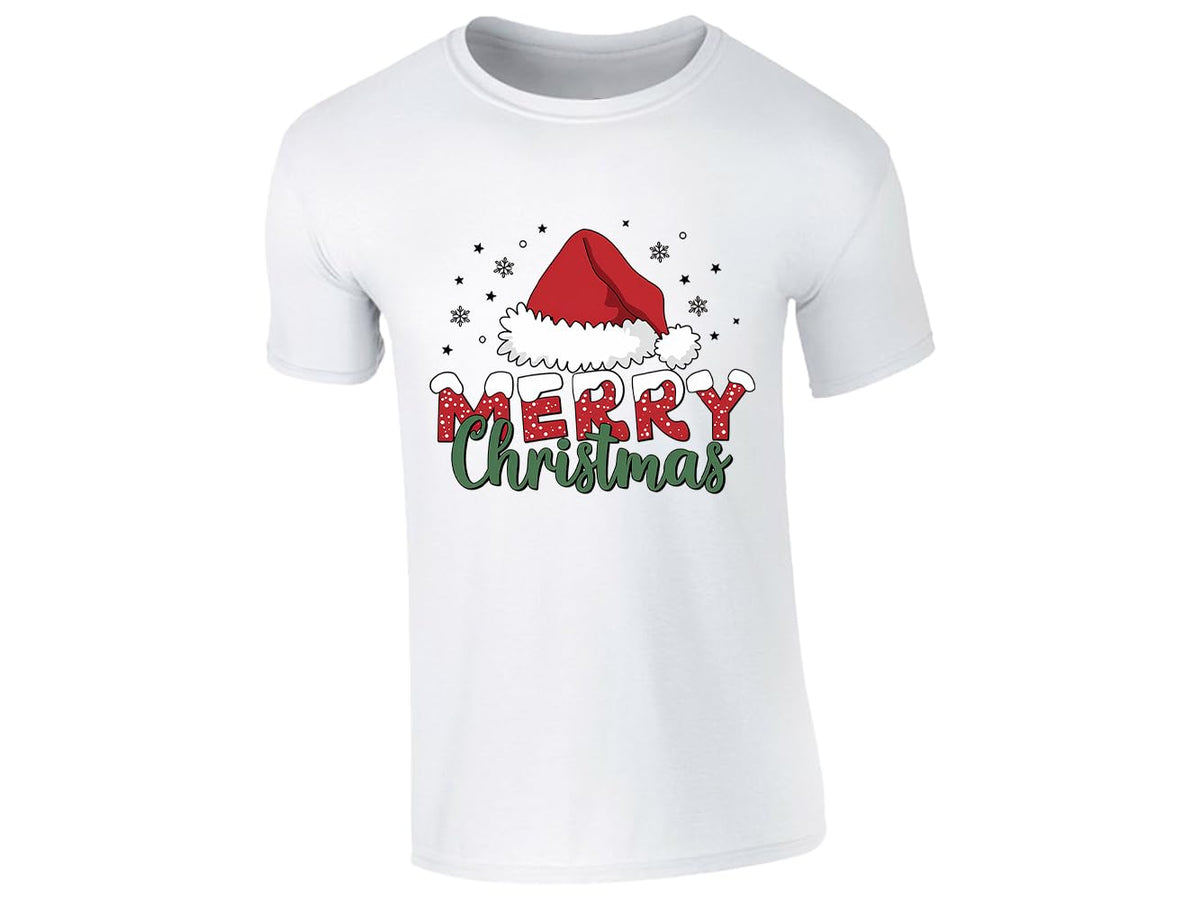 White men's T-shirt with “Merry Christmas” Santa hat design