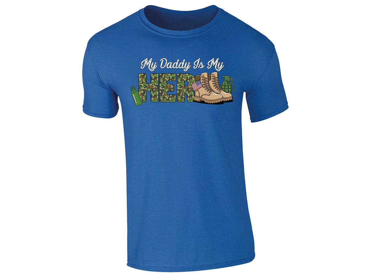 Royal Blue men's T-shirt with “My daddy is my hero” military boots design