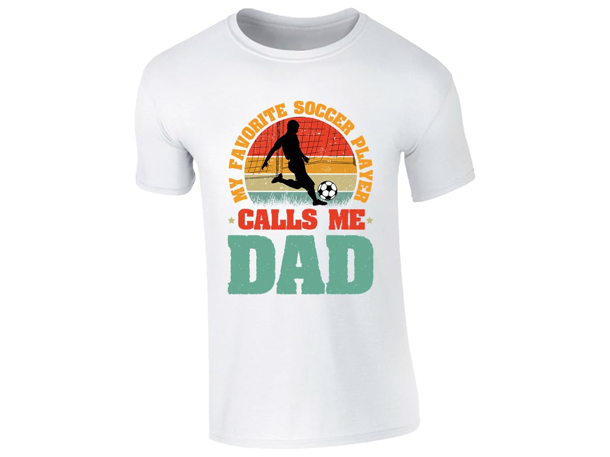White men's T-shirt with “My favorite soccer player calls me Dad” retro sunset design