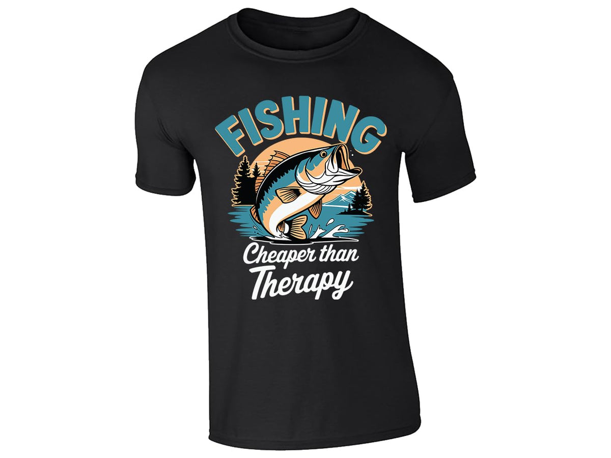 Black men's T-shirt with “Fishing – cheaper than therapy” bass design