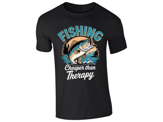 Black men's T-shirt with “Fishing – cheaper than therapy” bass design