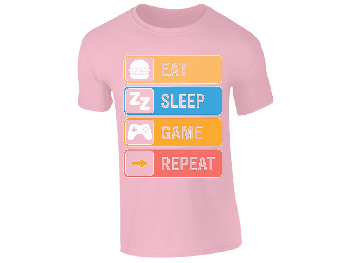 Light Pink kids' T-shirt with “Eat Sleep Game Repeat” icon design