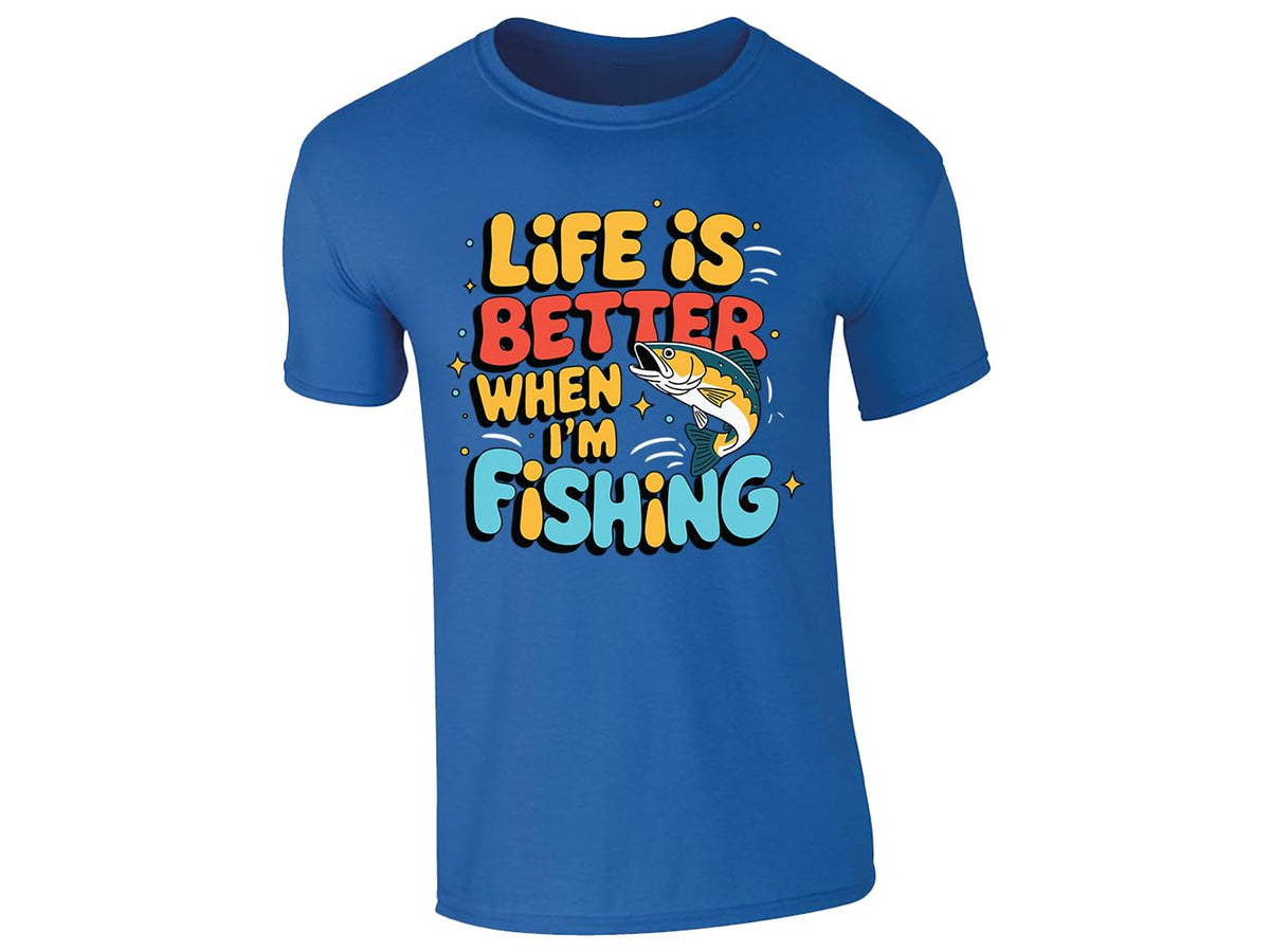Royal Blue men's T-shirt with “Life is better when I’m fishing” design