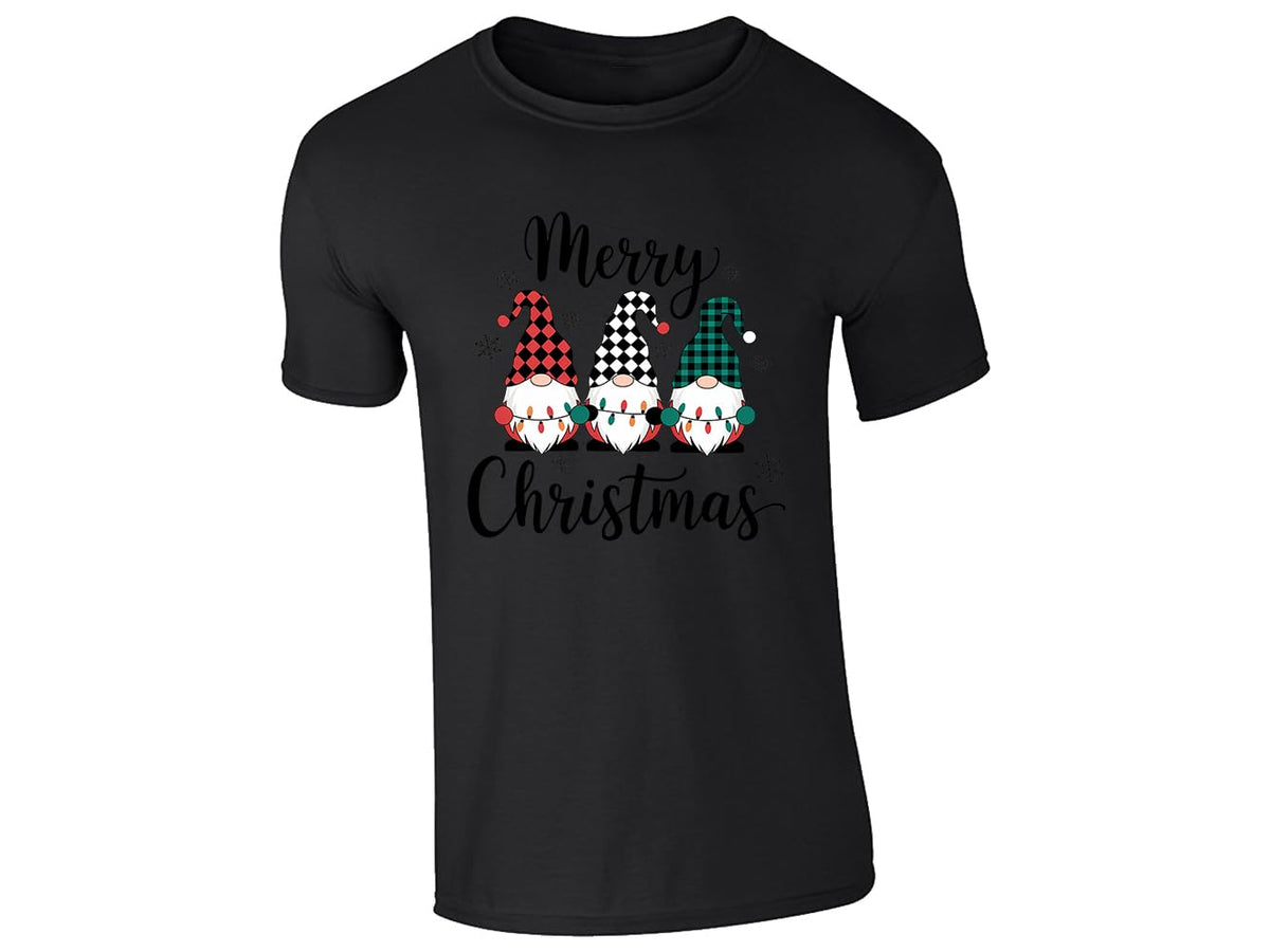 Black men's T-shirt with “Merry Christmas” three gnomes in plaid hats design