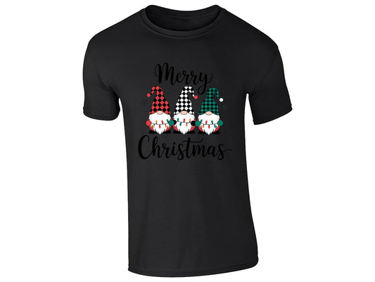 Black kids' T-shirt with “Merry Christmas” three gnomes in plaid hats design