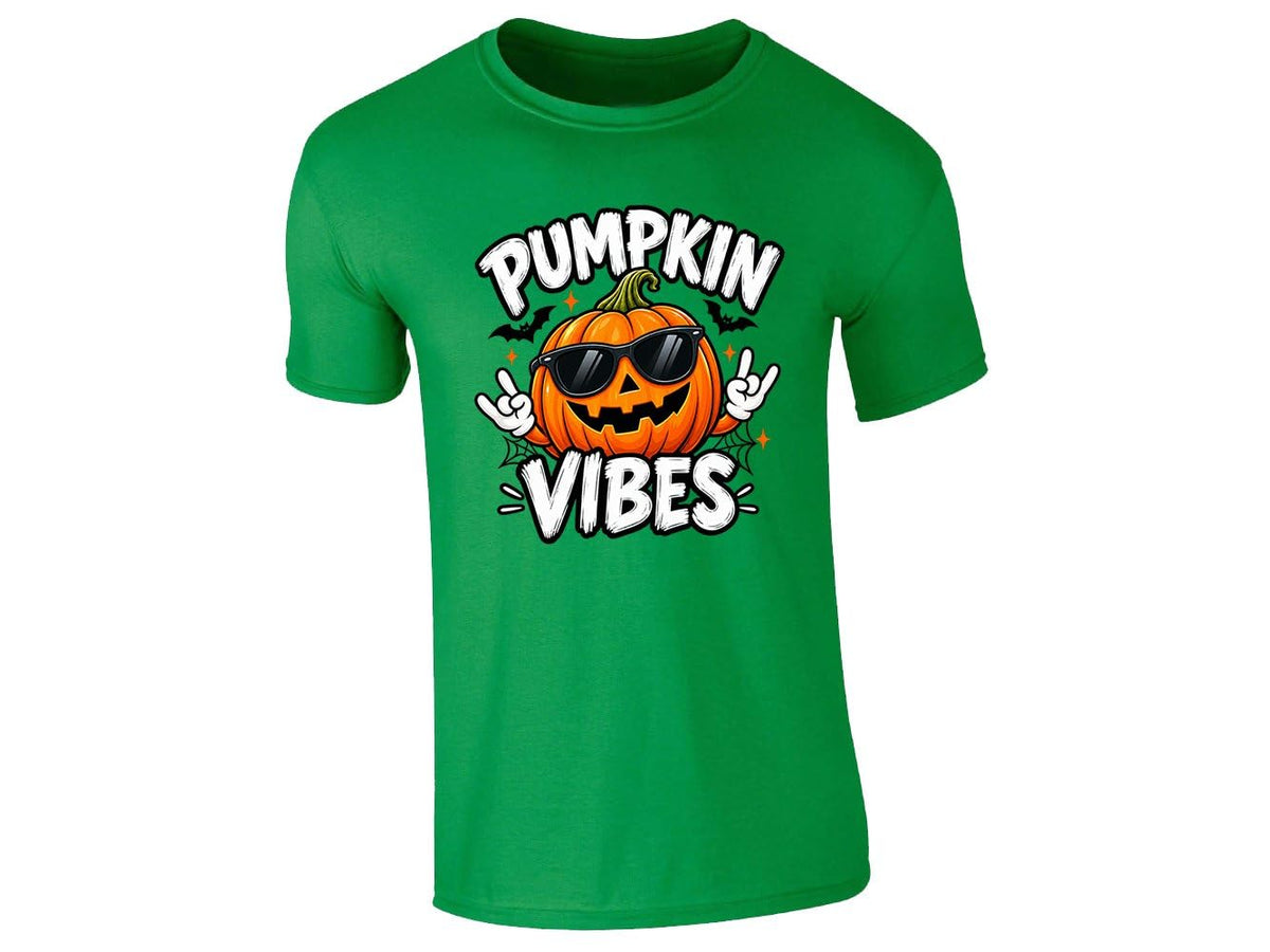 Irish green men's T-shirt with a Pumpkin Vibes jack-o'-lantern in sunglasses