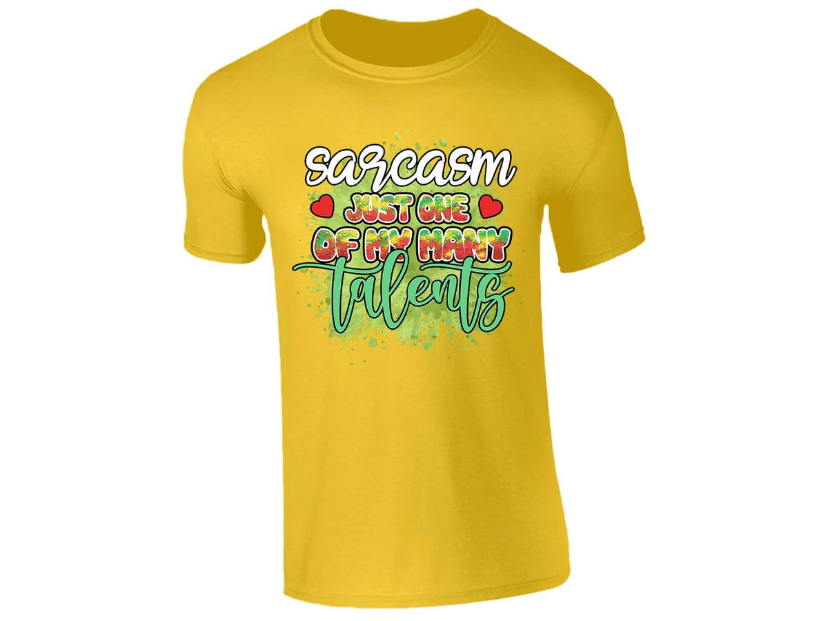 Yellow men's T-shirt with “Sarcasm – just one of my many talents” design