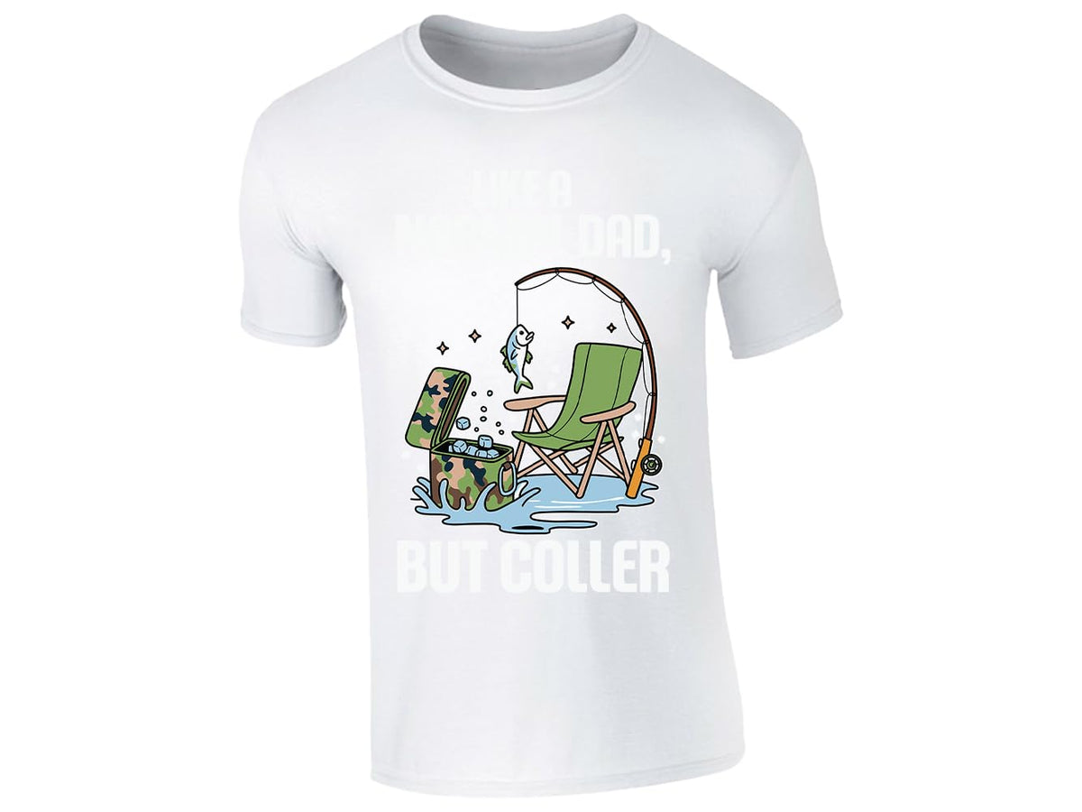 White men's T-shirt with a fishing dad in a camp chair design