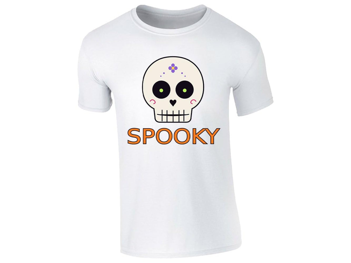 White men's T-shirt with “Spooky” sugar skull design