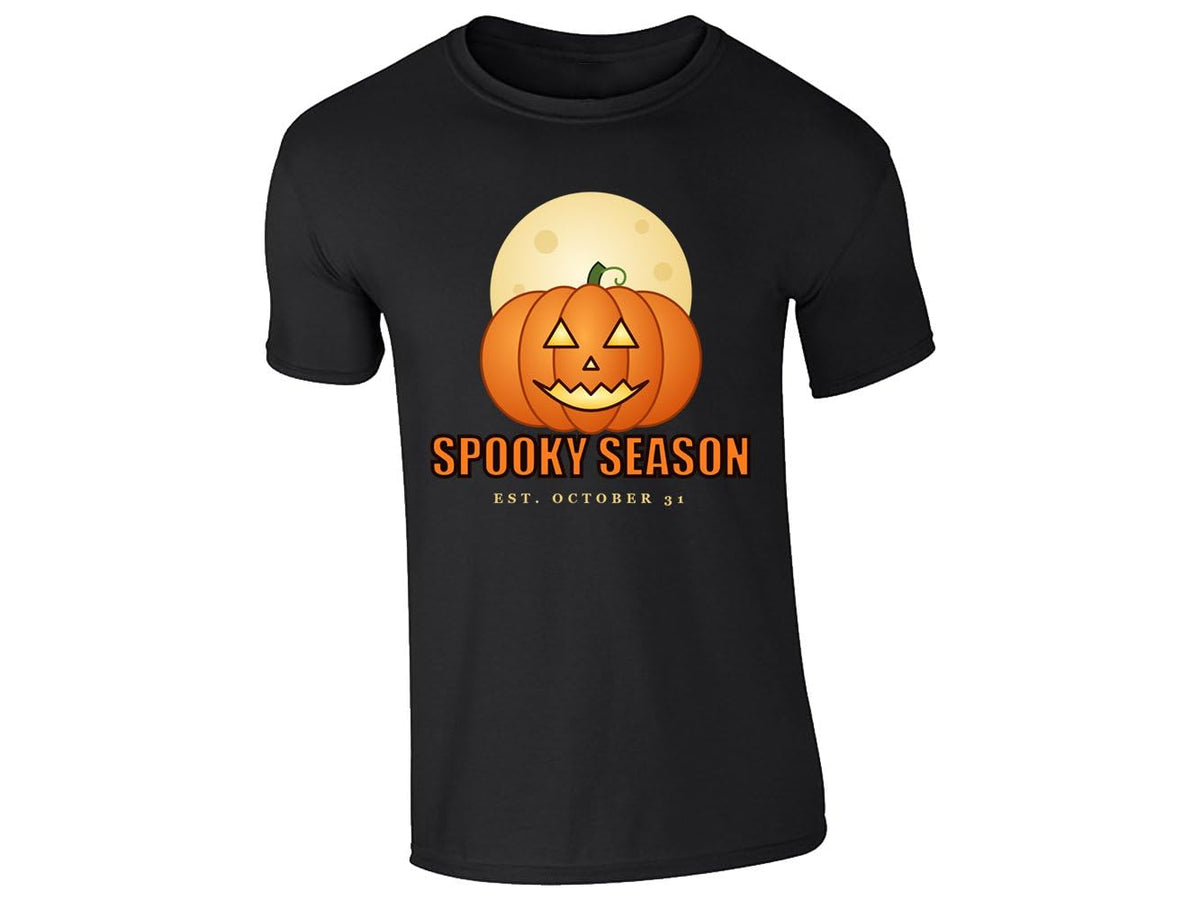 Black men's T-shirt with “Spooky Season – Est. October 31” pumpkin and moon design