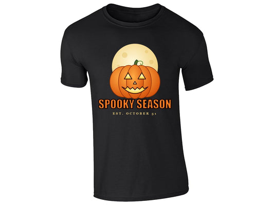 Black kids' T-shirt with “Spooky Season – Est. October 31” pumpkin and moon design