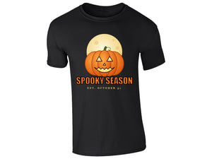 Black kids' T-shirt with “Spooky Season – Est. October 31” pumpkin and moon design