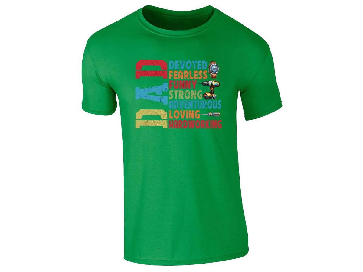 Irish Green men's T-shirt with “DAD – devoted, fearless, funny, strong” design